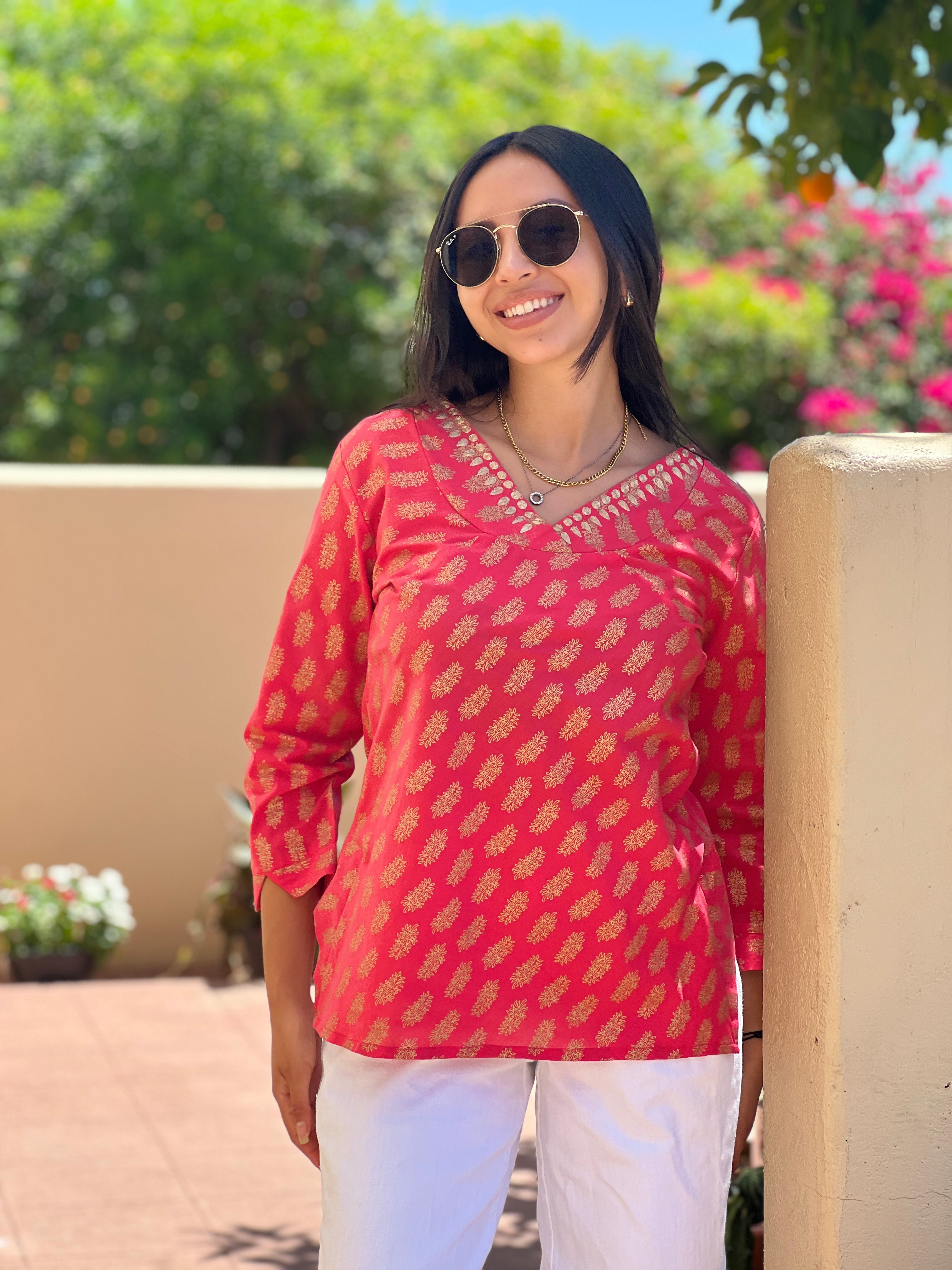 Sheba Coral  Embroidered Metallic Blouse