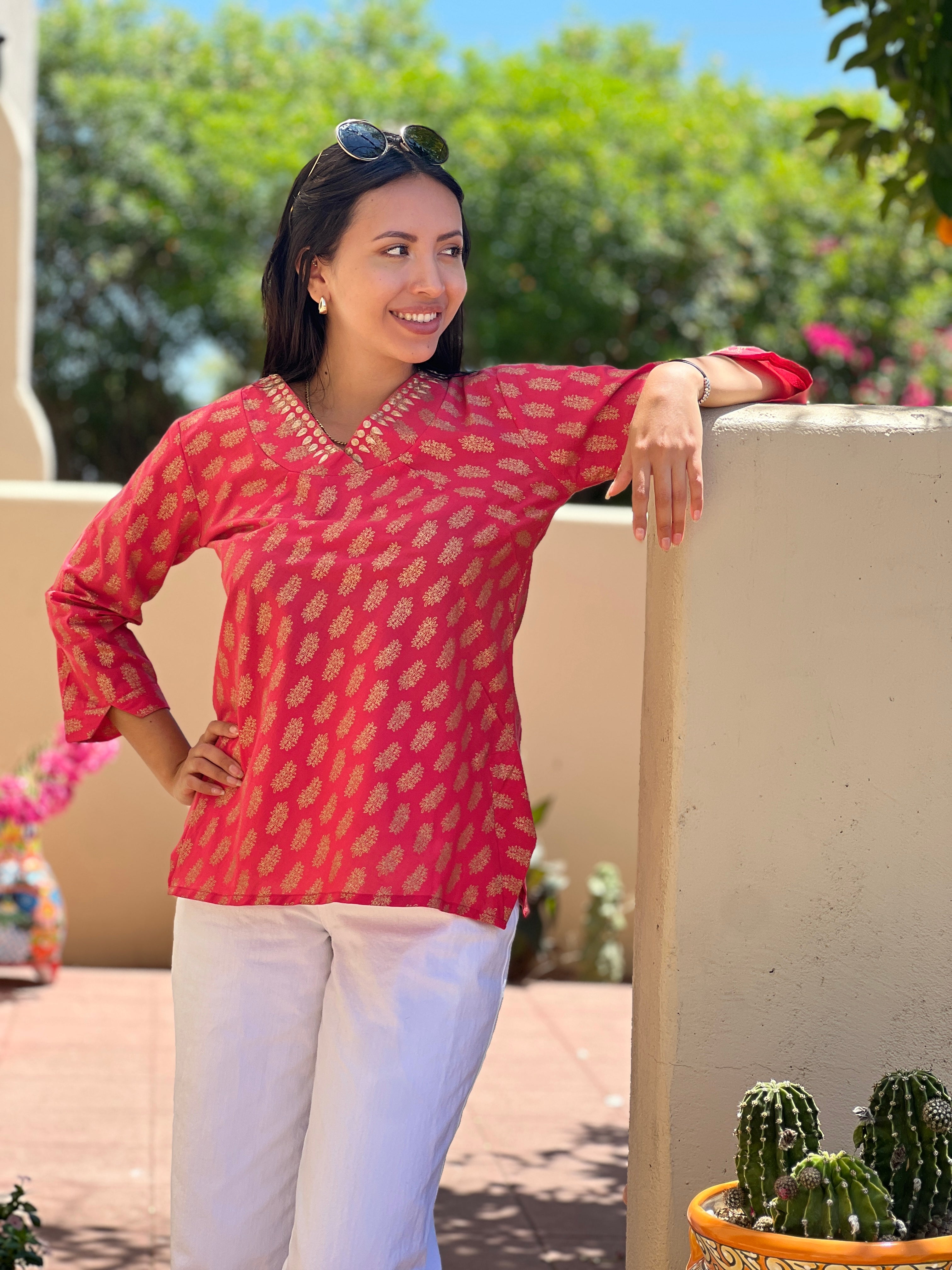 Sheba Coral  Embroidered Metallic Blouse