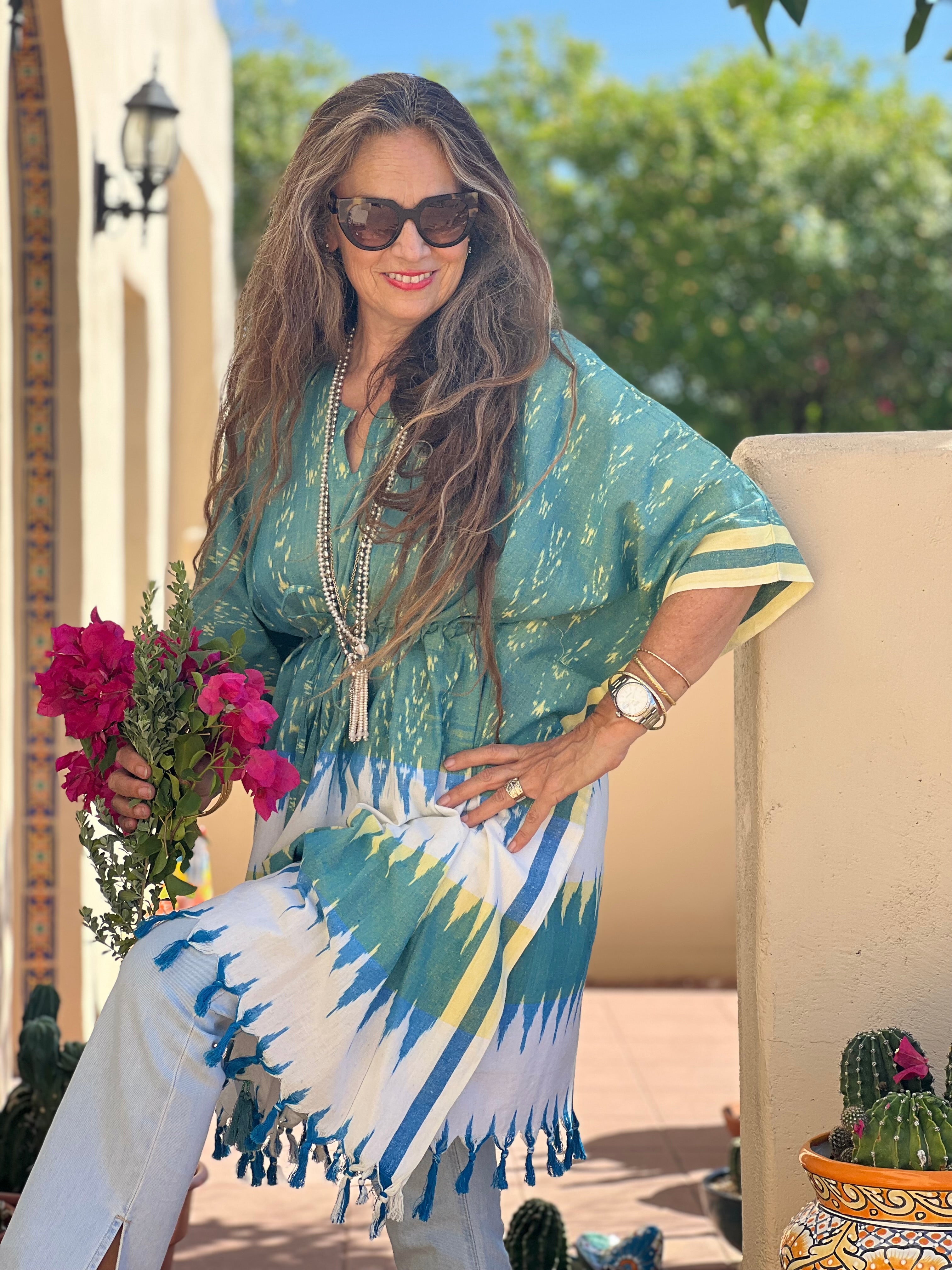 Albuquerque Cotton Ikat Kaftan Dress Handwoven