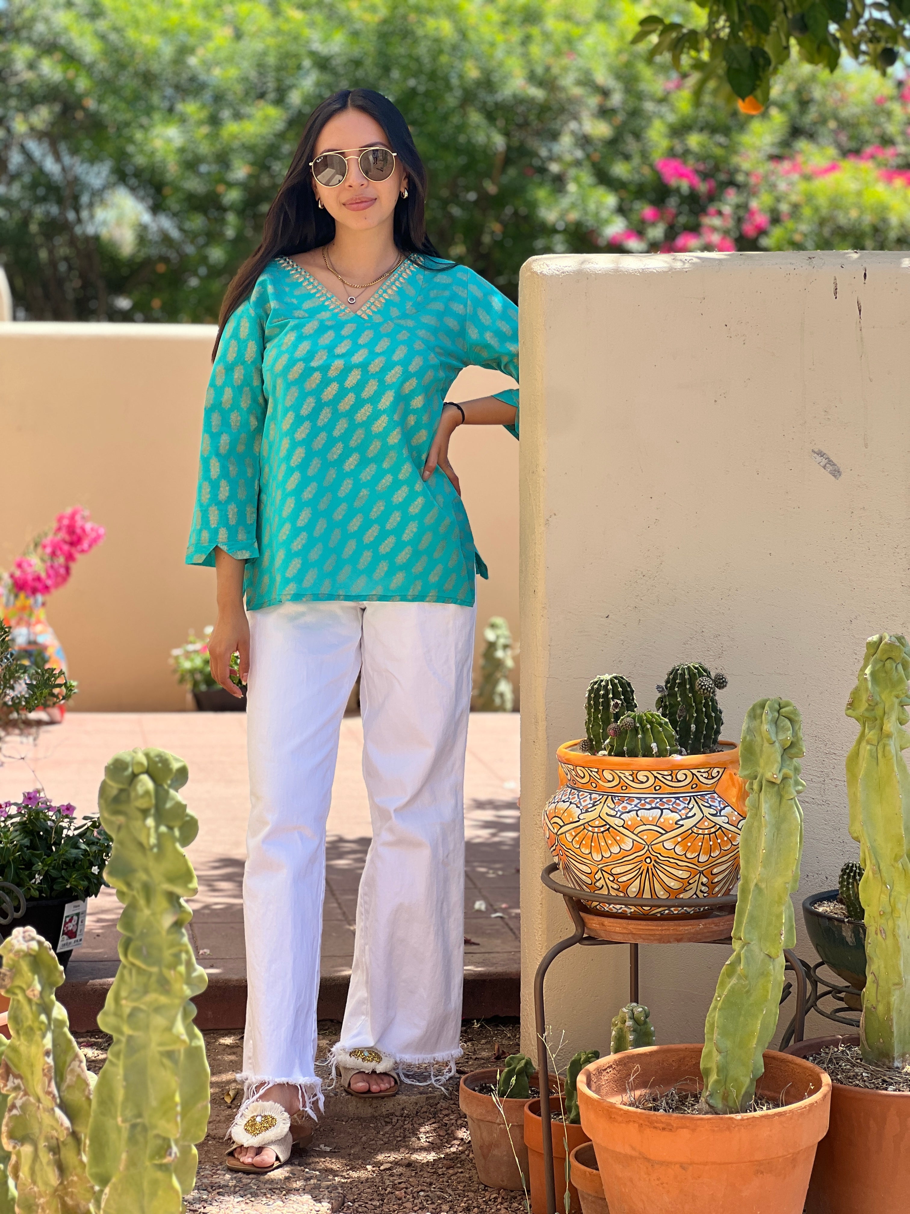 Sheba Turquoise Embroidered Metallic Blouse