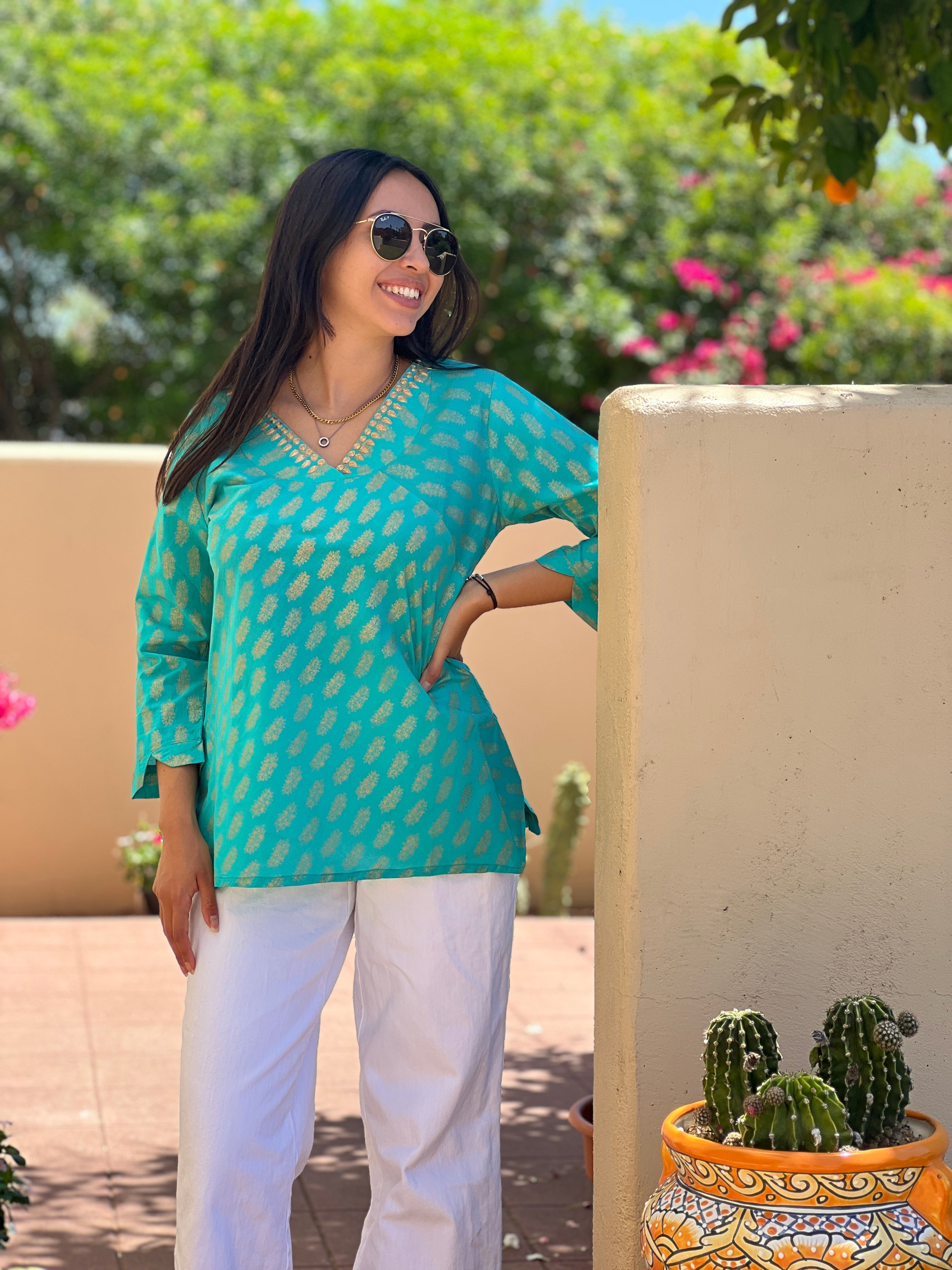 Sheba Turquoise Embroidered Metallic Blouse