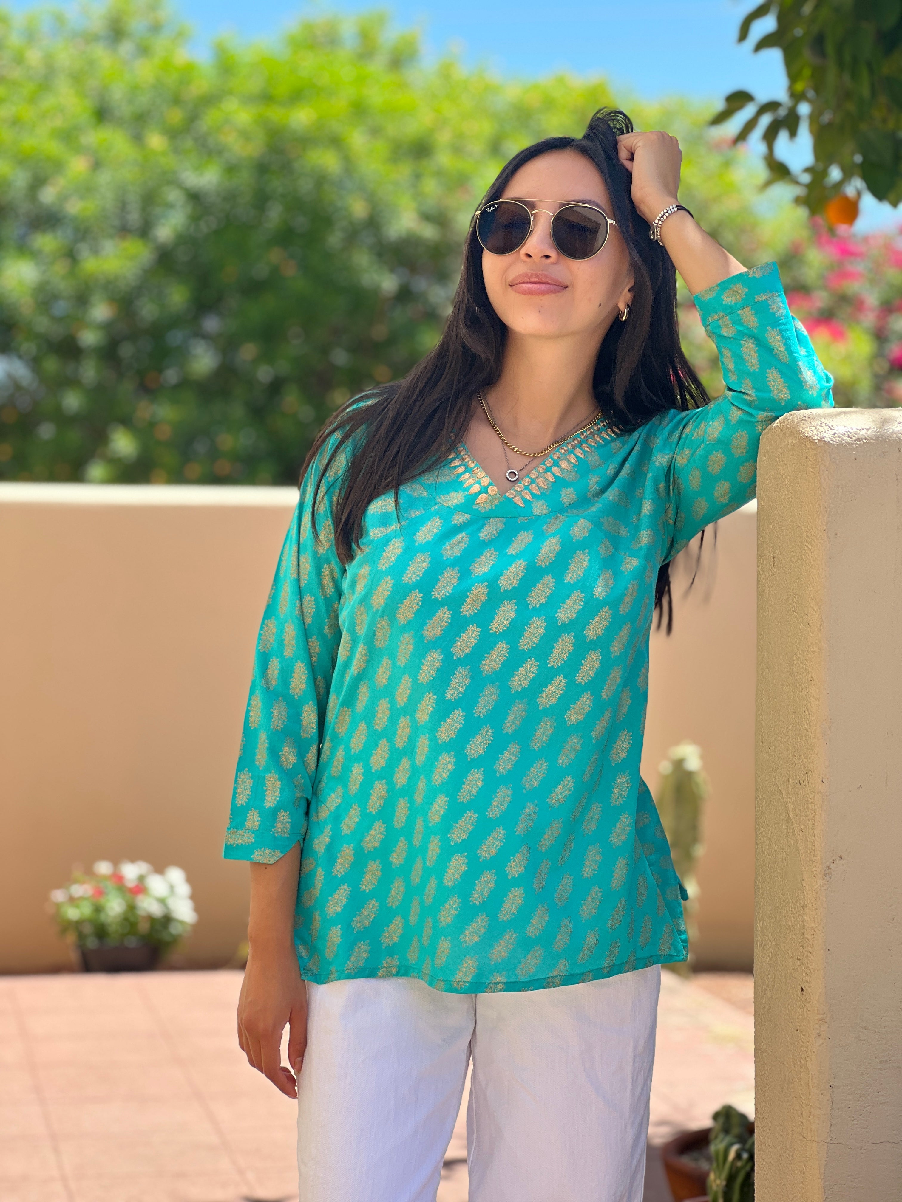 Sheba Turquoise Embroidered Metallic Blouse