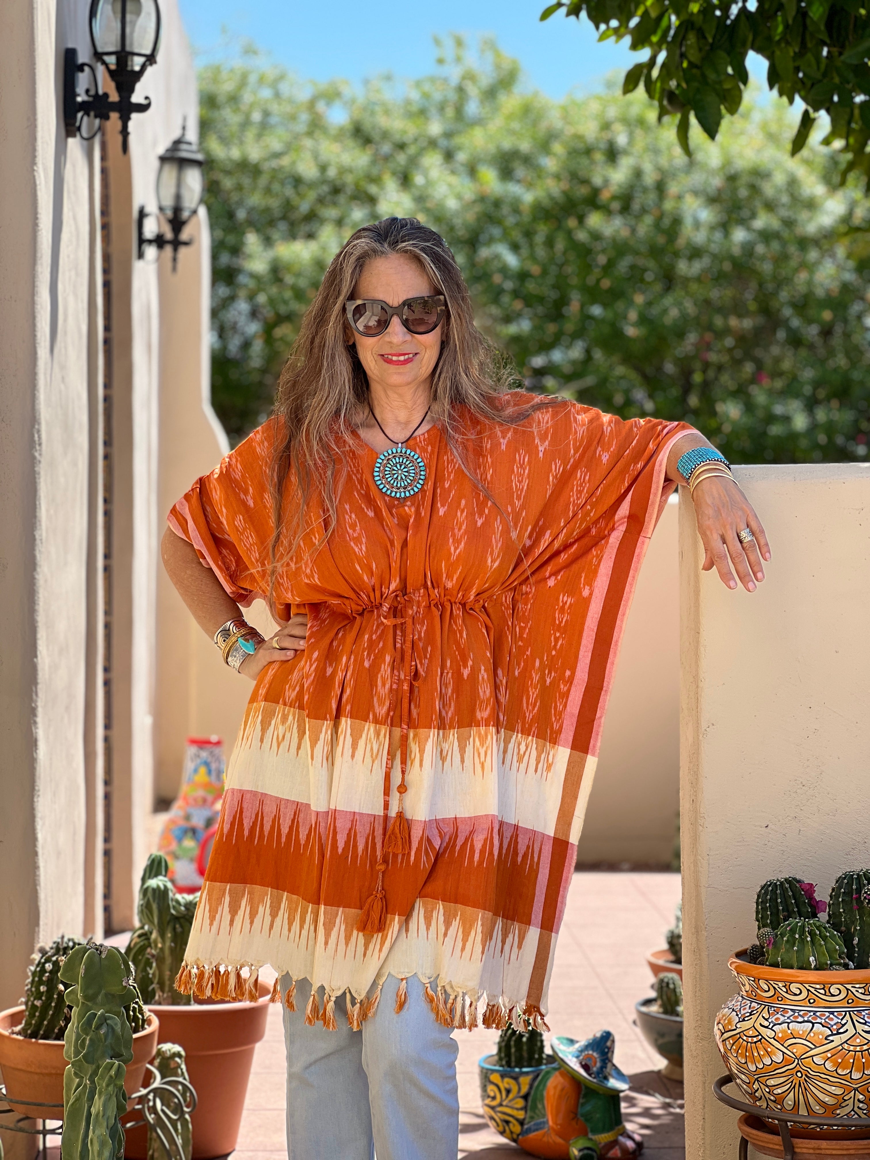 Roswell Cotton Ikat Kaftan Dress Handwoven One Left