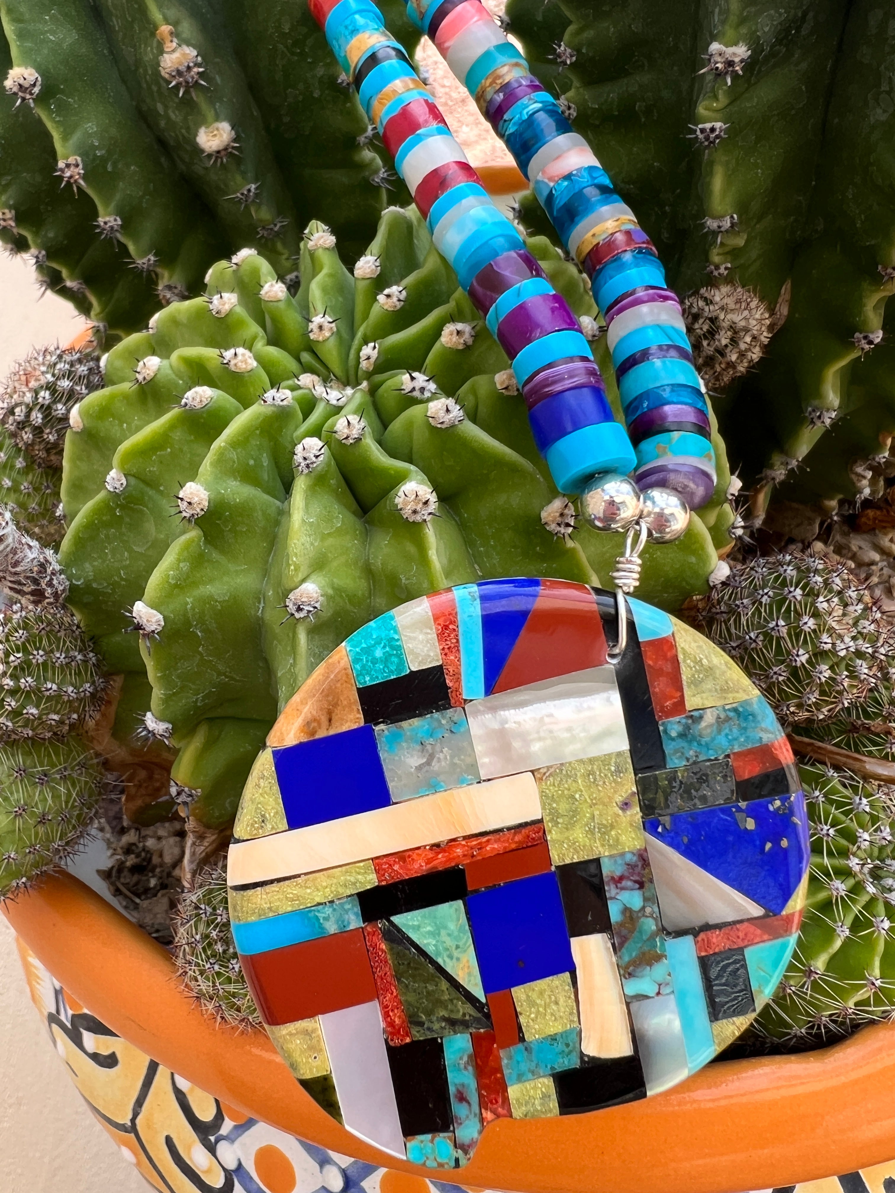 Mosaic Inlay Turquoise Multi Stone Inlay Pendant Necklace Santo Domingo