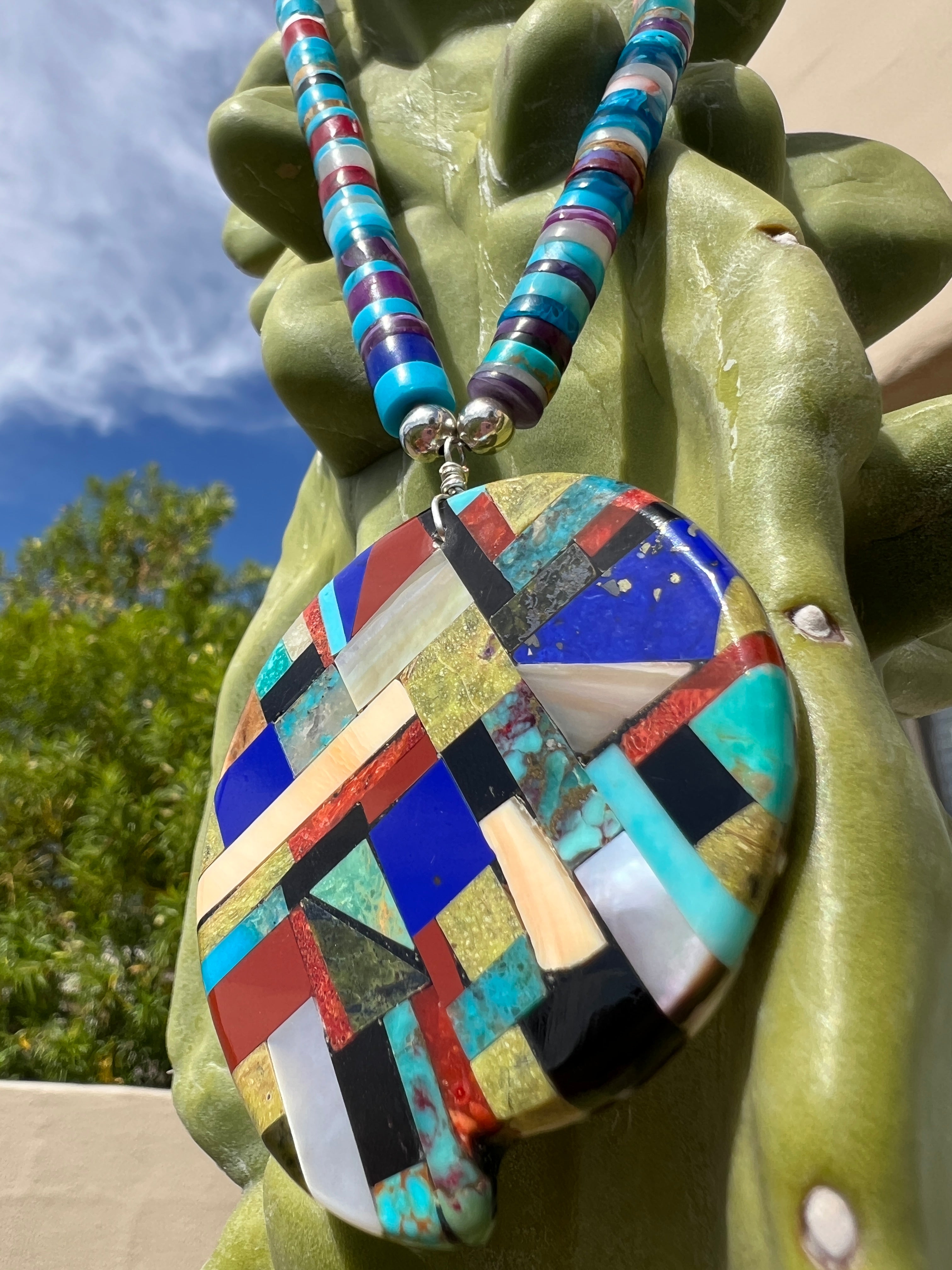 Mosaic Inlay Turquoise Multi Stone Inlay Pendant Necklace Santo Domingo