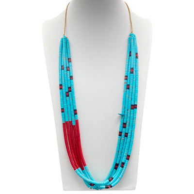 5-Strand Turquoise and Coral Heishi Necklace