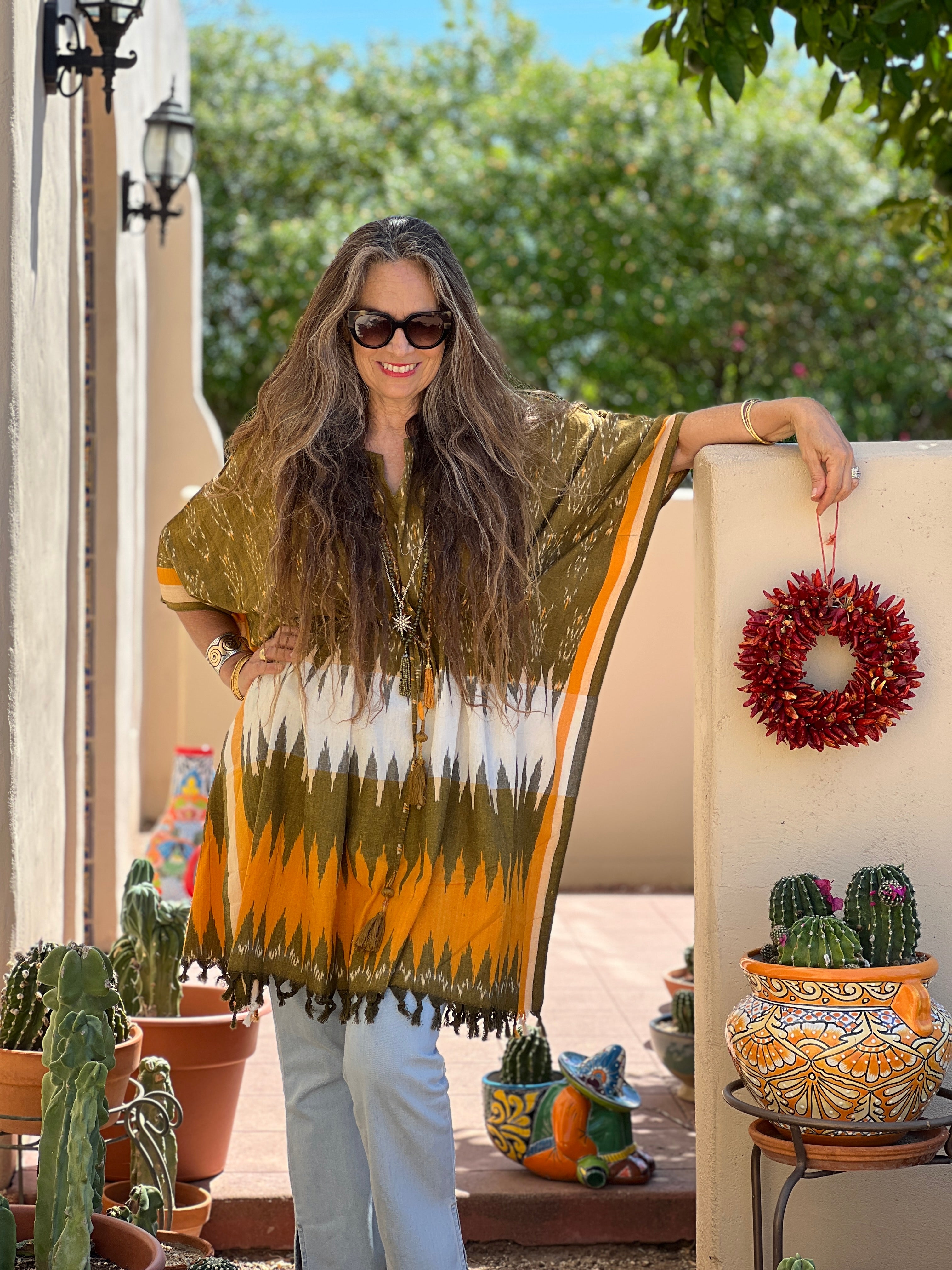 Corrales Cotton Ikat Kaftan Dress Handwoven