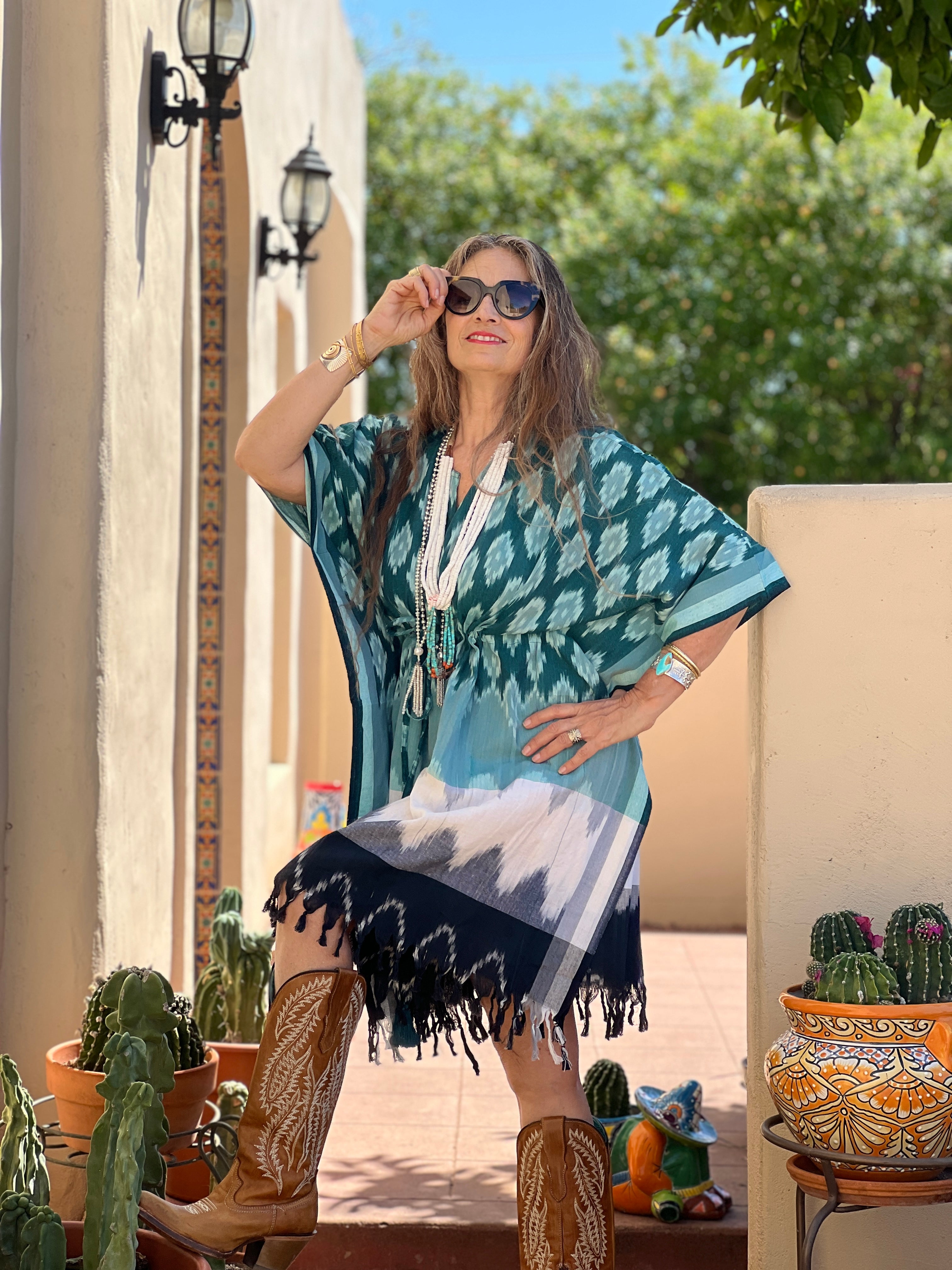 Edgewood Cotton Ikat Kaftan Dress Handwoven