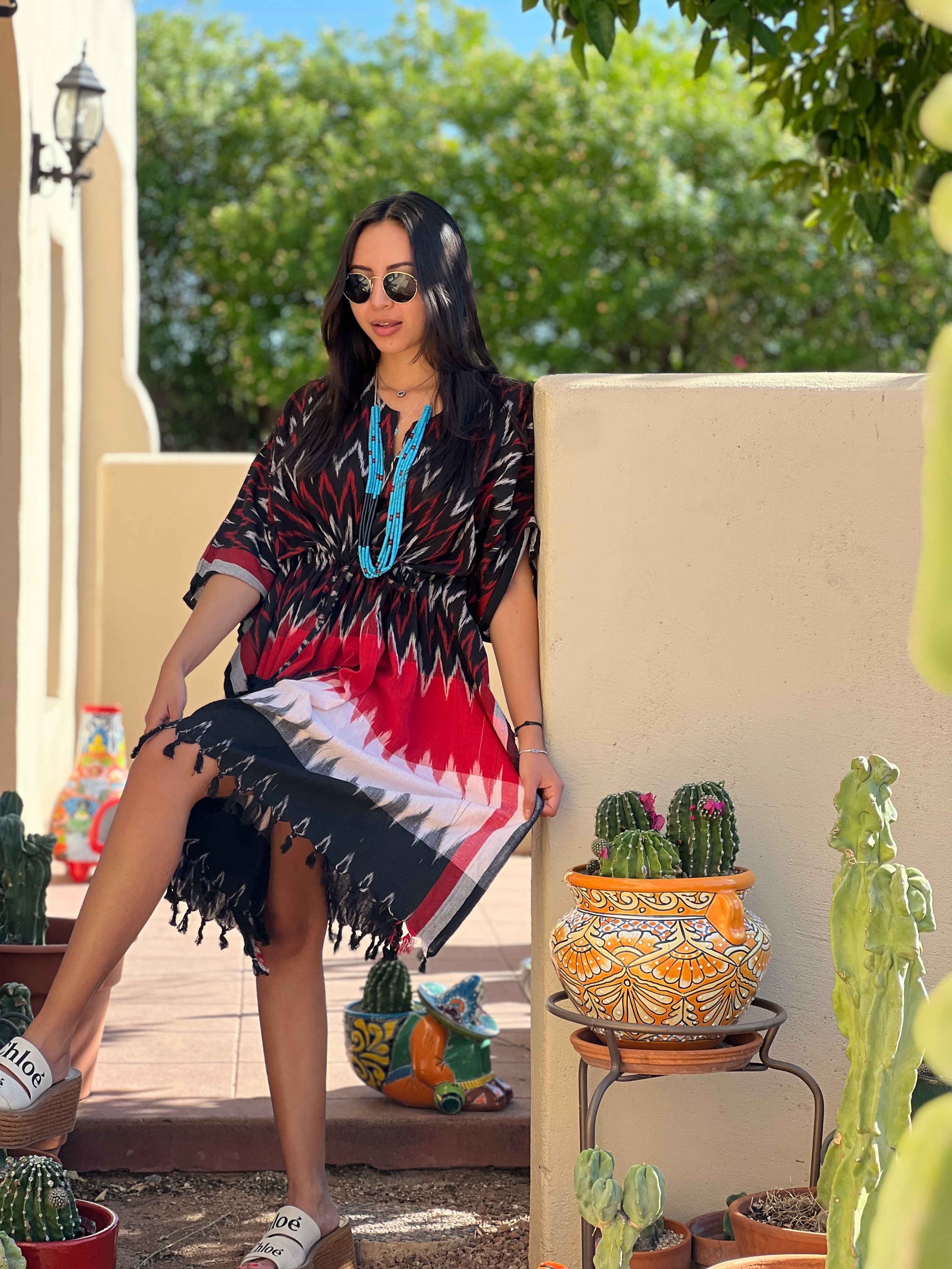 Belen Cotton Ikat Kaftan Dress Handwoven One of a Kind