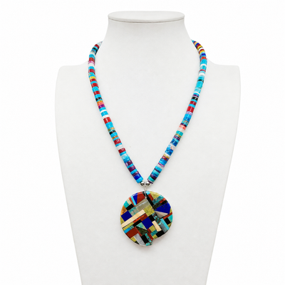 Mosaic Inlay Turquoise Multi Stone Inlay Pendant Necklace Santo Domingo