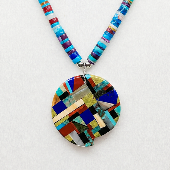 Mosaic Inlay Turquoise Multi Stone Inlay Pendant Necklace Santo Domingo