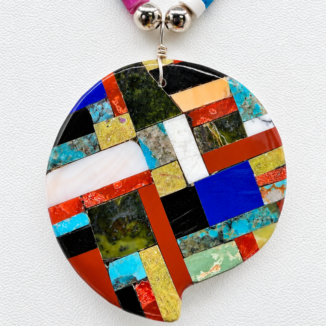 Mosaic Inlay Turquoise Multi Stone Pendant Necklace Santo Domingo