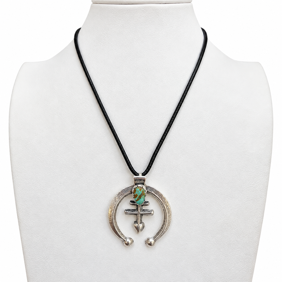 Navajo Pueblo Cross Silver and Kingman Turquoise Pendant Necklace