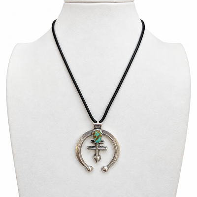 Navajo Pueblo Cross Silver and Kingman Turquoise Pendant Necklace