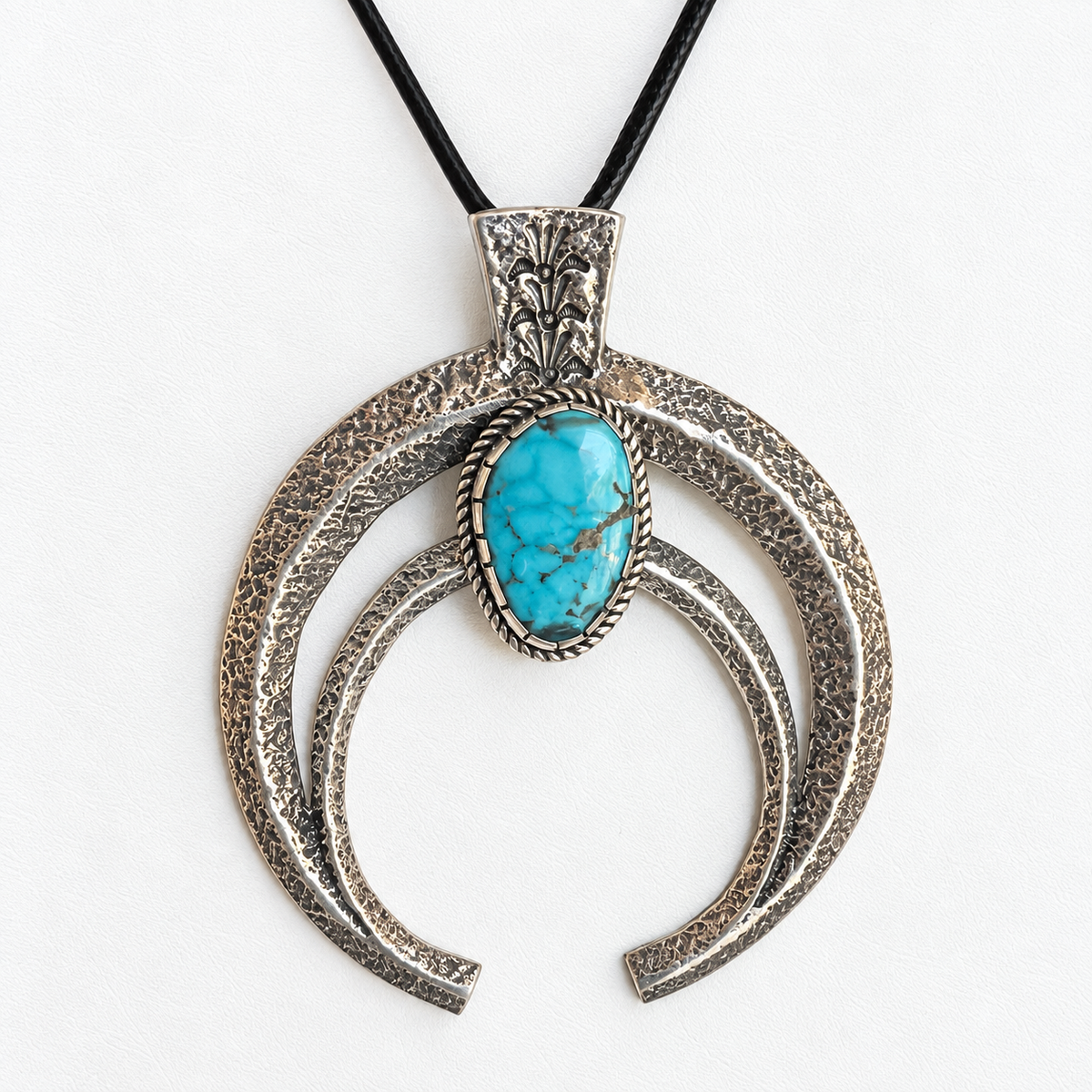 Navajo Silver and Morenci Turquoise Super Naja Pendant Necklace
