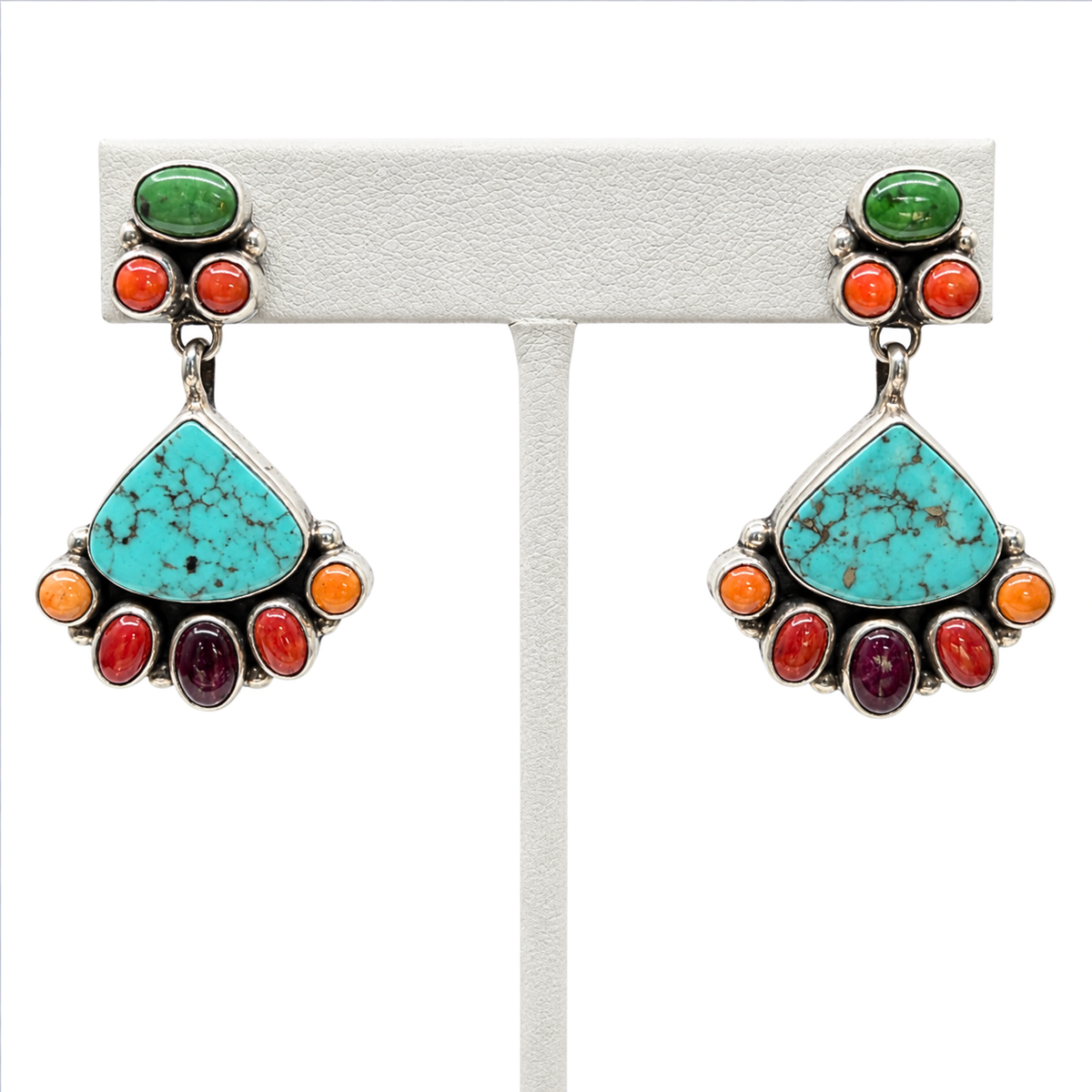 Navajo Turquoise, Spiny Oyster, Gaspeite, and Silver Earrings