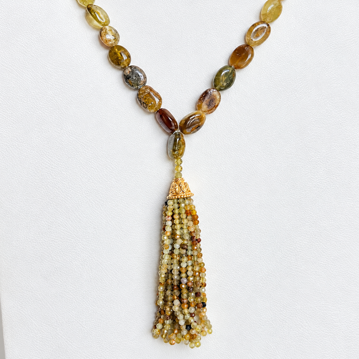 Grossular Green Garnet Oval Tassel Mala Necklace