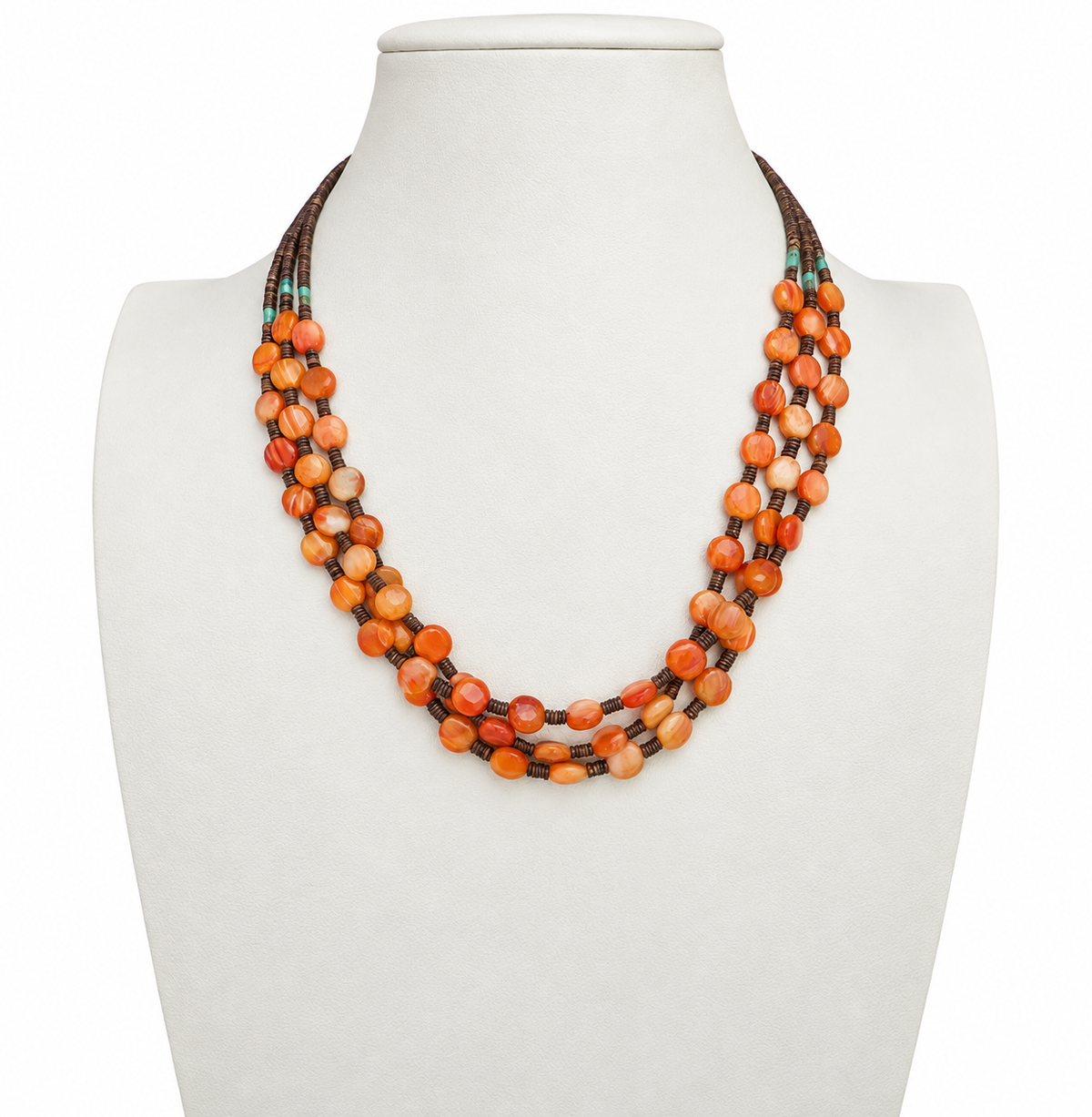 Orange Spiny Oyster and Heishi Shell Three Strand Necklace Santo Domingo