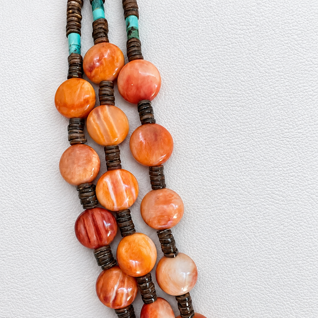 Orange Spiny Oyster and Heishi Shell Three Strand Necklace Santo Domingo