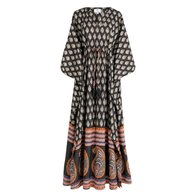 Black Pompeii Paisley Mid Calf Kaftan Dress