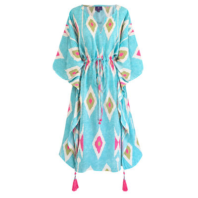 Tashkent Turquoise Italian Silk Midi Kaftan Dress