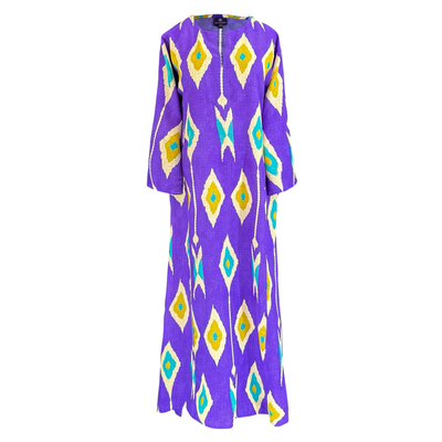 Tashkent Purple Ikat Italian Silk Long Tunic Dress