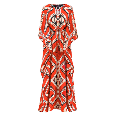 Bukhara Coral Ikat Italian Silk Maxi Kaftan Dress