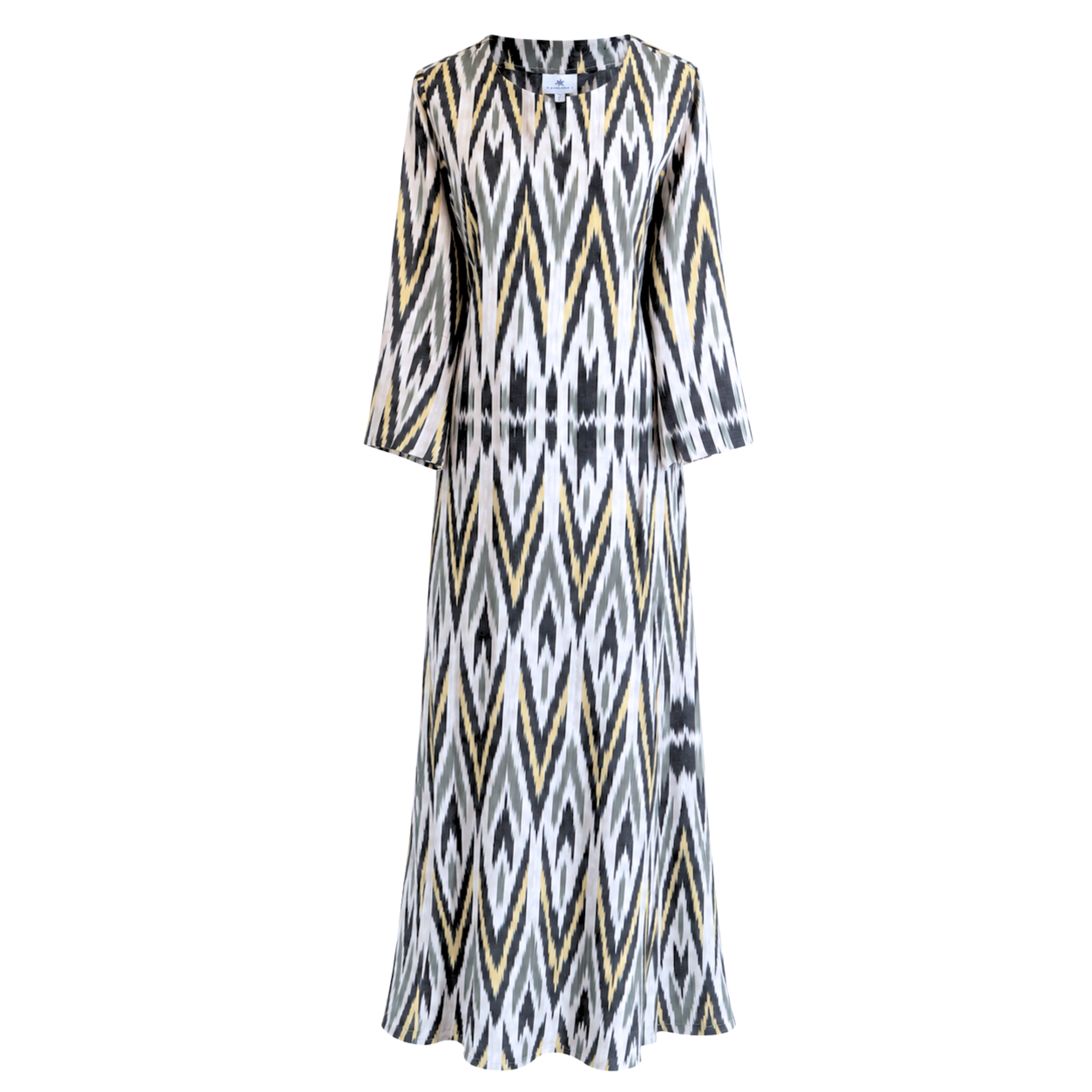 Olmaliq Grey and Pale Yellow Long Cotton Ikat Tunic Dress Handwoven Limited Edition
