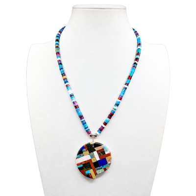 Mosaic Inlay Turquoise Multi Stone Pendant Necklace Santo Domingo