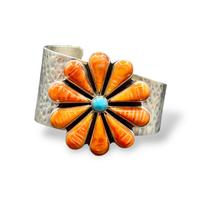 Silver Turquoise and Orange Spiny Oyster Navajo Cuff