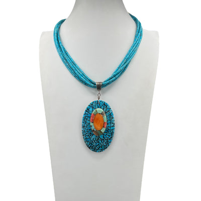 Mosaic Inlay Shell Pendant and Turquoise Necklace Santo Domingo