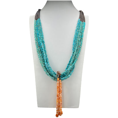 Kingman Turquoise, Heishi, and Spiny Oyster Jacla Necklace Santo Domingo