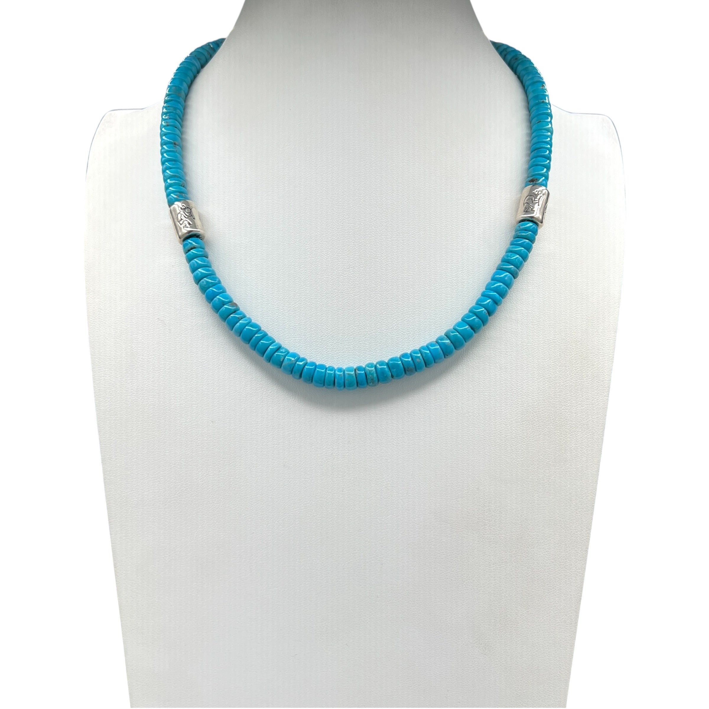 Rare Sleeping Beauty Turquoise and Heishi with Silver Kokopelli Necklace Santo Domingo