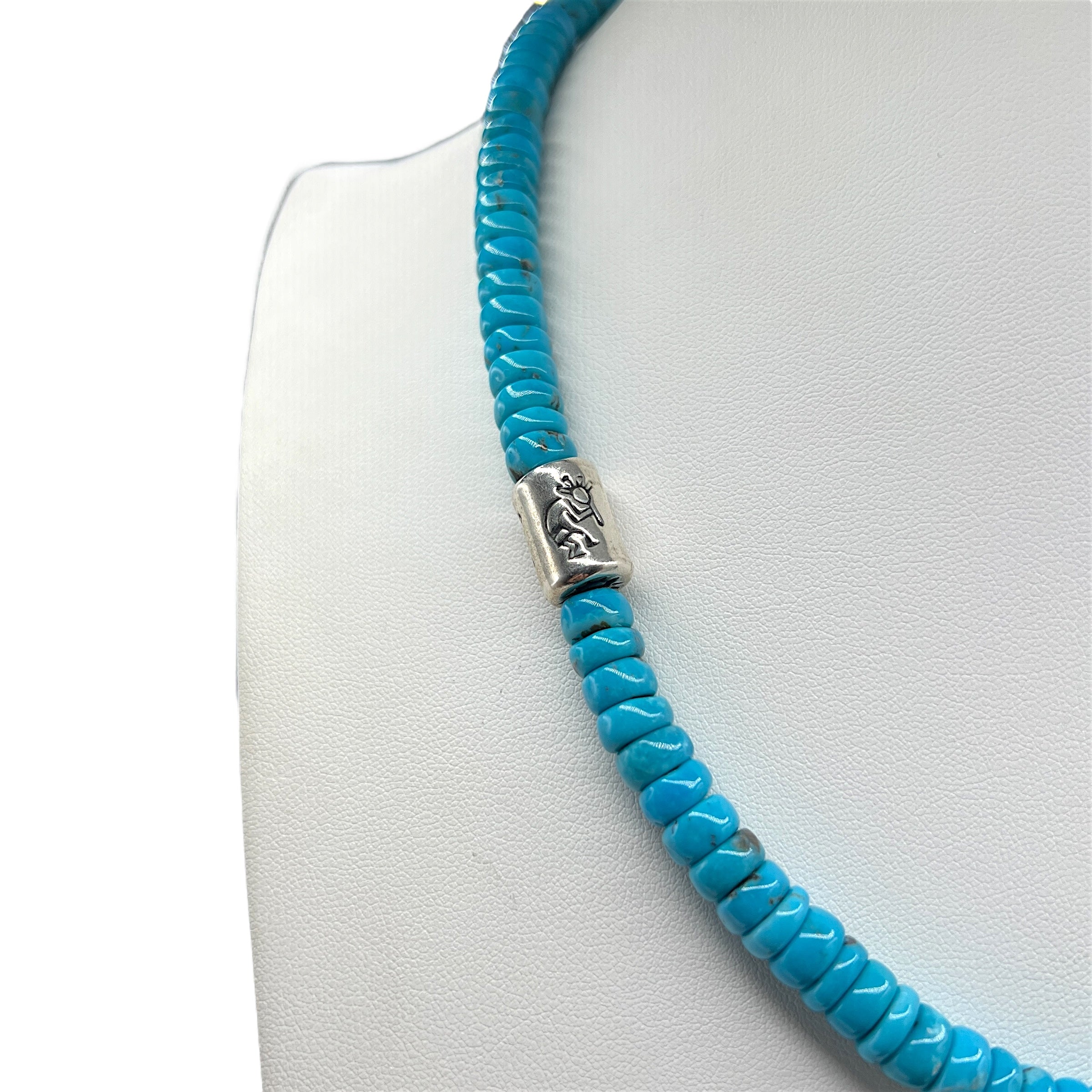 Rare Sleeping Beauty Turquoise and Heishi with Silver Kokopelli Necklace Santo Domingo