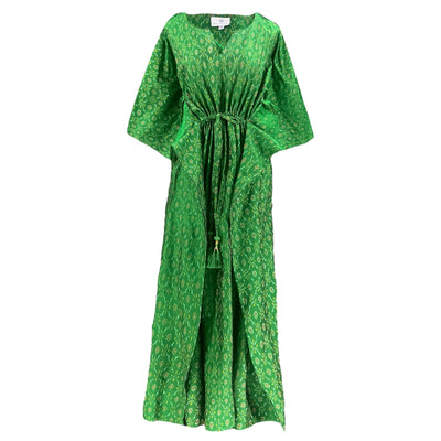 Govind Green Silk Cotton Ikat Maxi Kaftan Dress Limited Edition