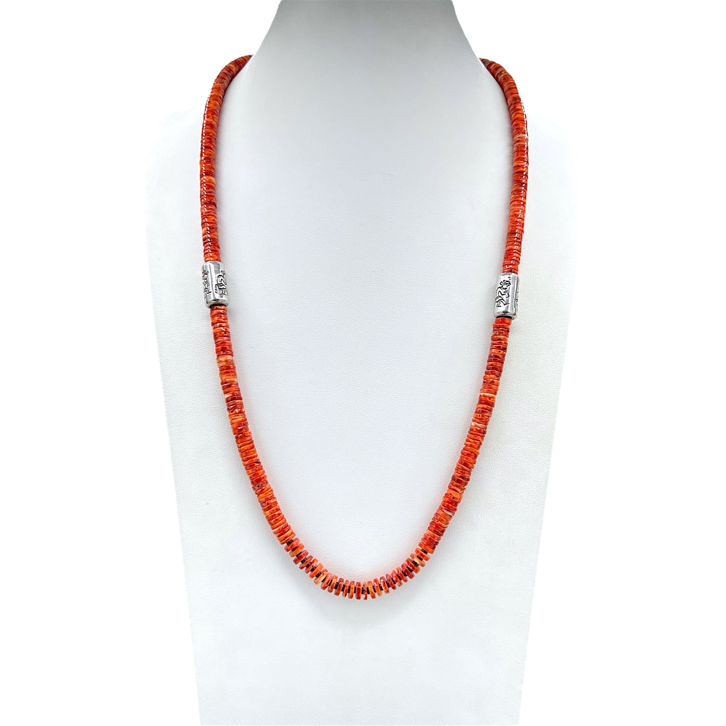 Rare Red and Orange Spiny Oyster and Kingman Turquoise Santo Domingo Necklace with Silver Kokopellis