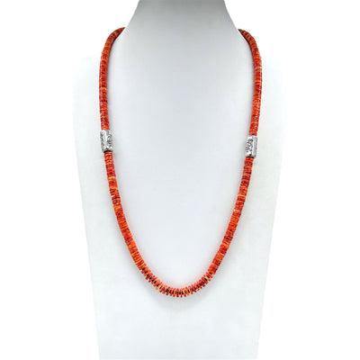 Rare Red and Orange Spiny Oyster and Kingman Turquoise Santo Domingo Necklace with Silver Kokopellis