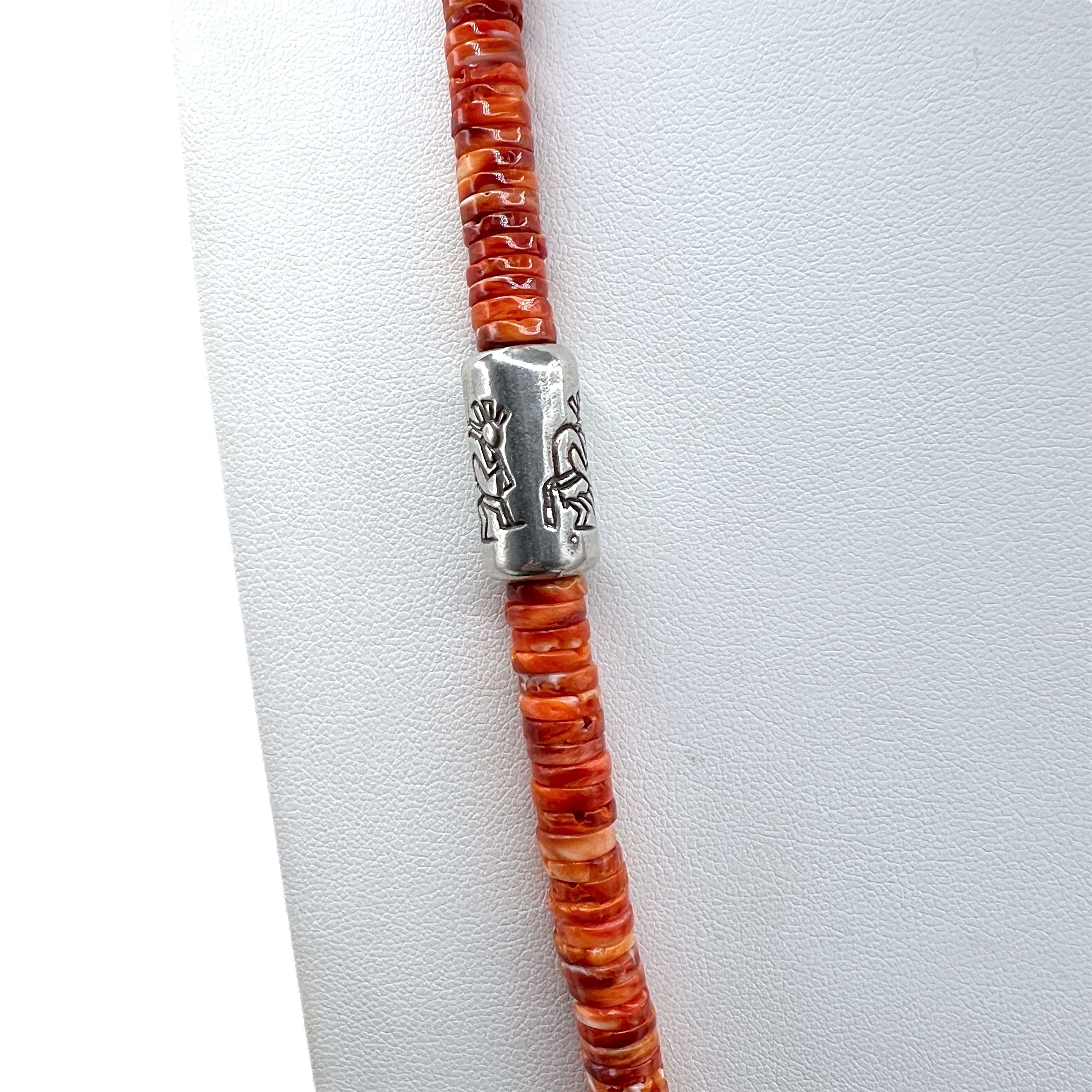 Rare Red and Orange Spiny Oyster and Kingman Turquoise Santo Domingo Necklace with Silver Kokopellis