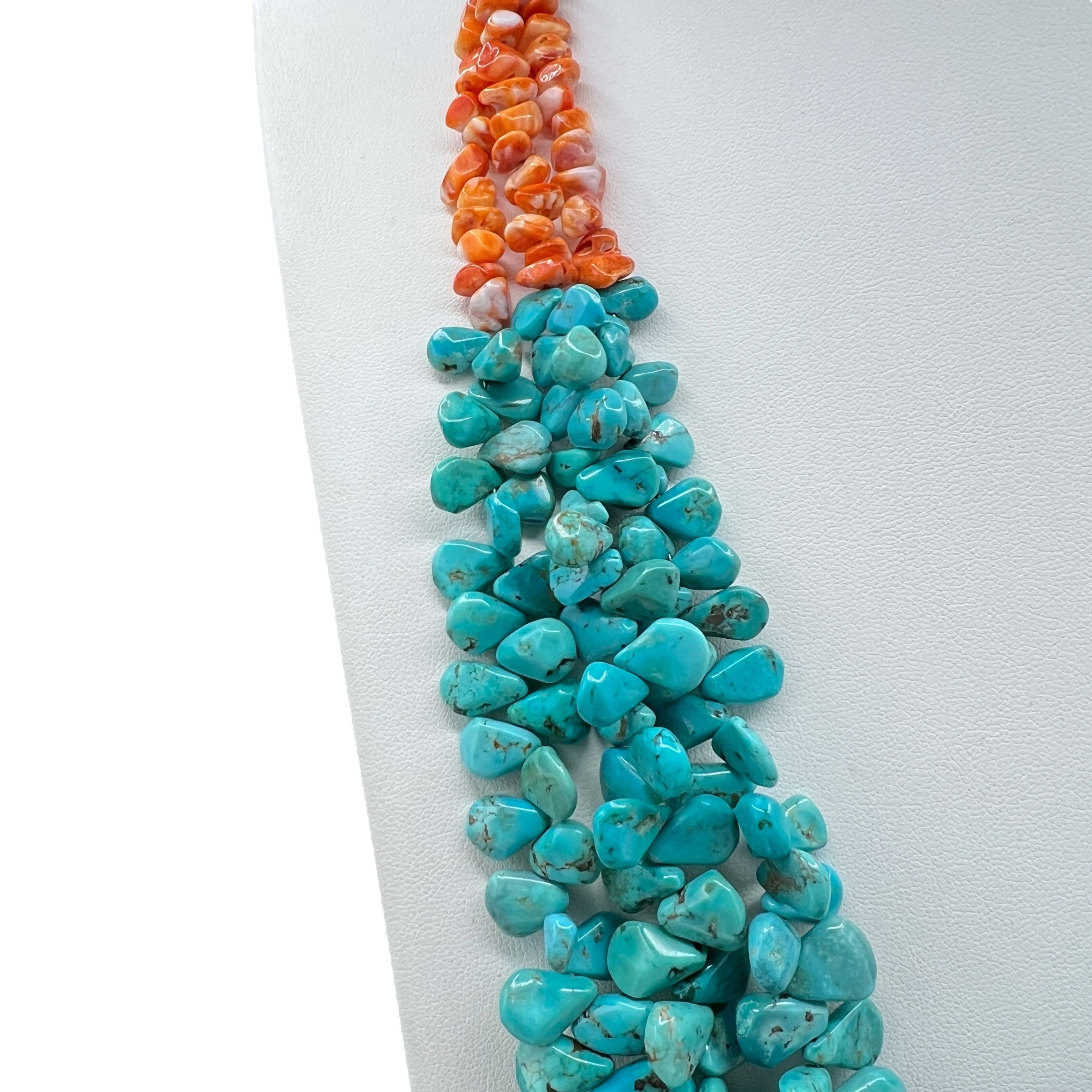 Kingman Turquoise and Spiny Oyster Three Strand Traditional Santo Domingo Necklace