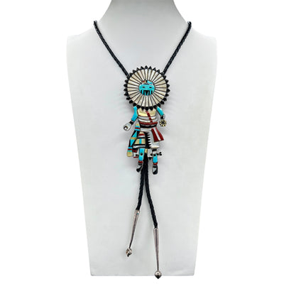Vintage Zuni Dancing Kachina  Turquoise, Coral, Onyx, and Mother of Pearl Bolo Tie