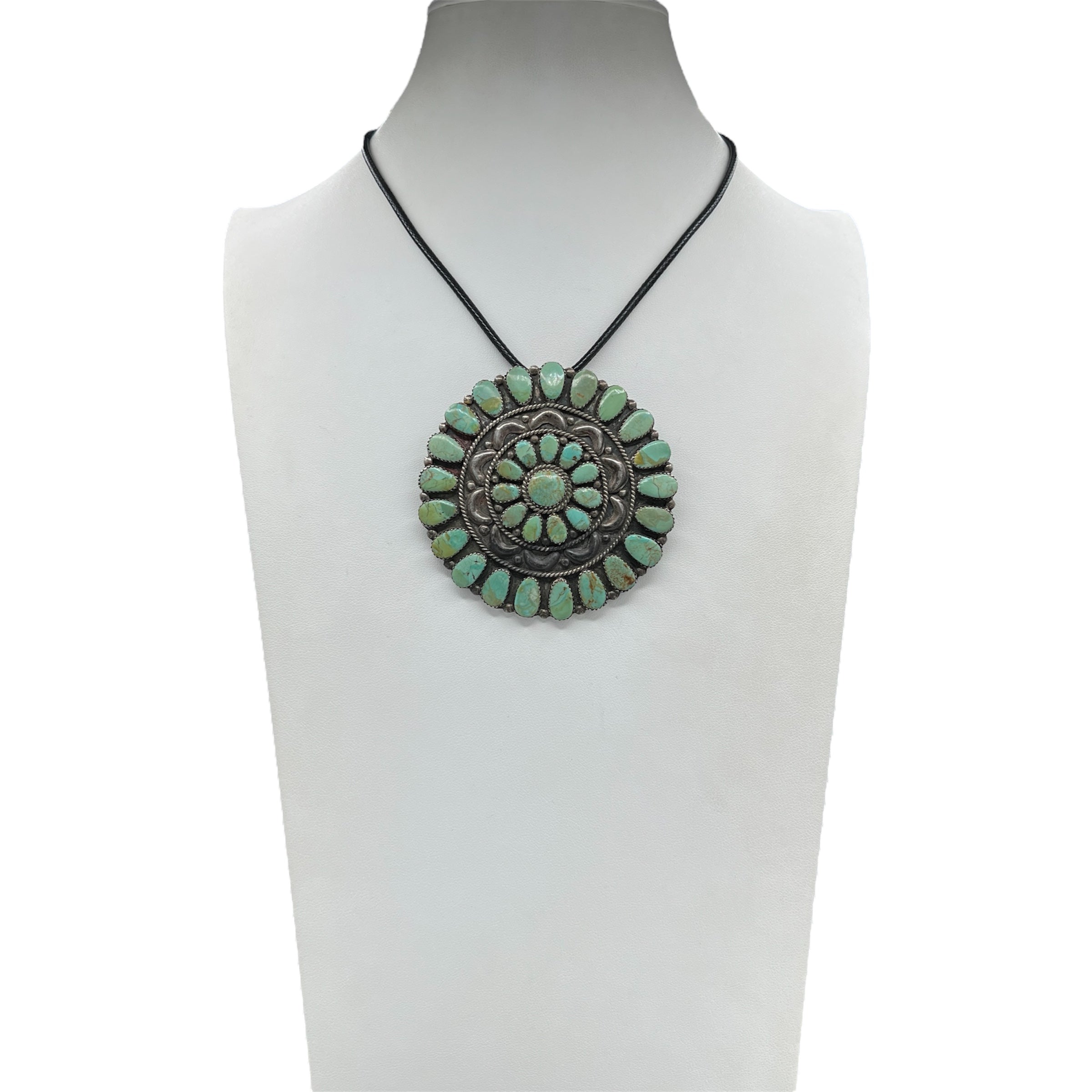 Vintage Green Turquoise Navajo Sterling Silver Pendant Necklace