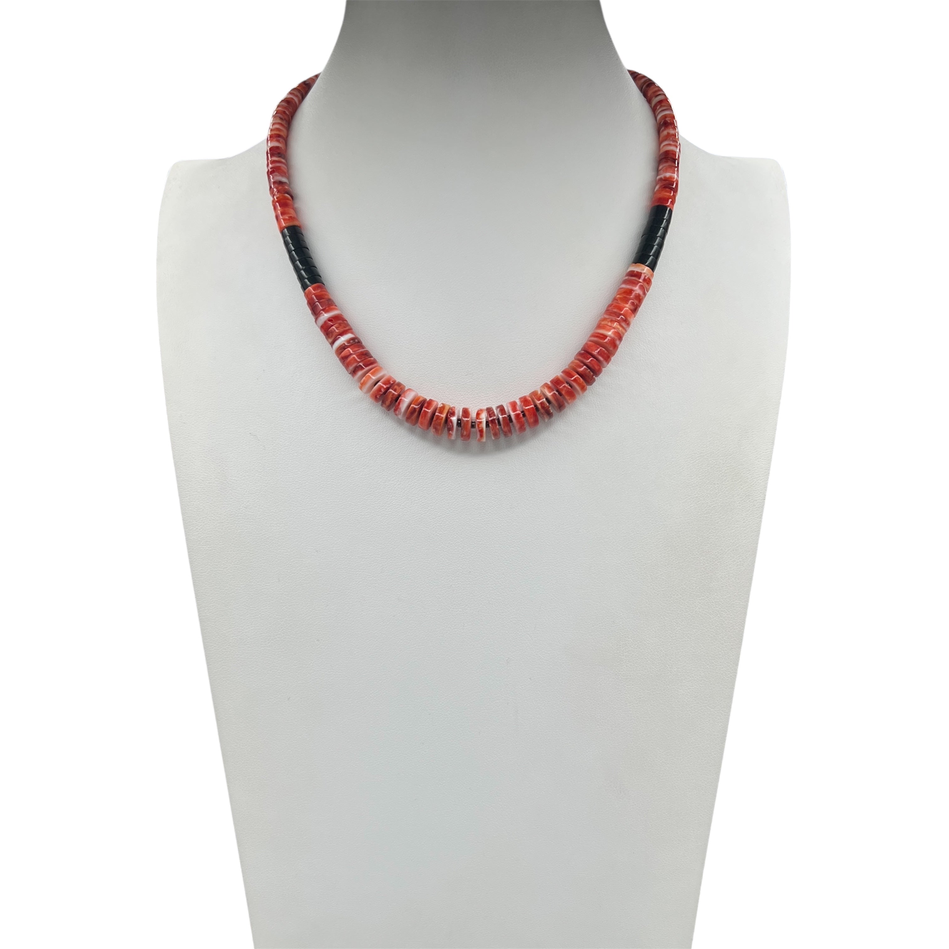 Rare Red Spiny Oyster and Black Jet Graduated Necklace Santo Domingo