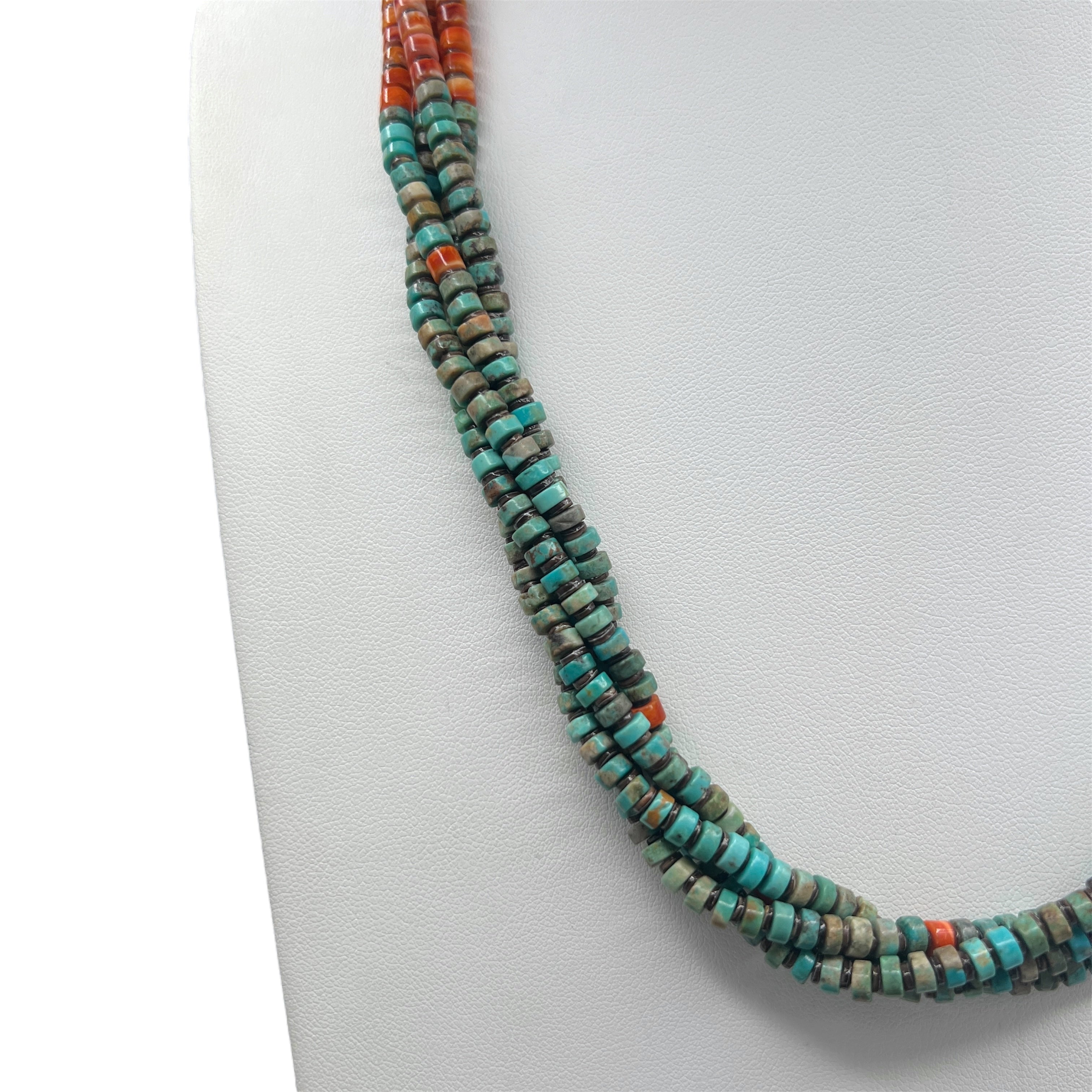 Nevada Green Turquoise with Orange Spiny Oyster, Baby Olive and Heishi Shell Necklace Santo Domingo