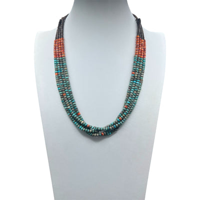 Nevada Green Turquoise with Orange Spiny Oyster, Baby Olive and Heishi Shell Necklace Santo Domingo