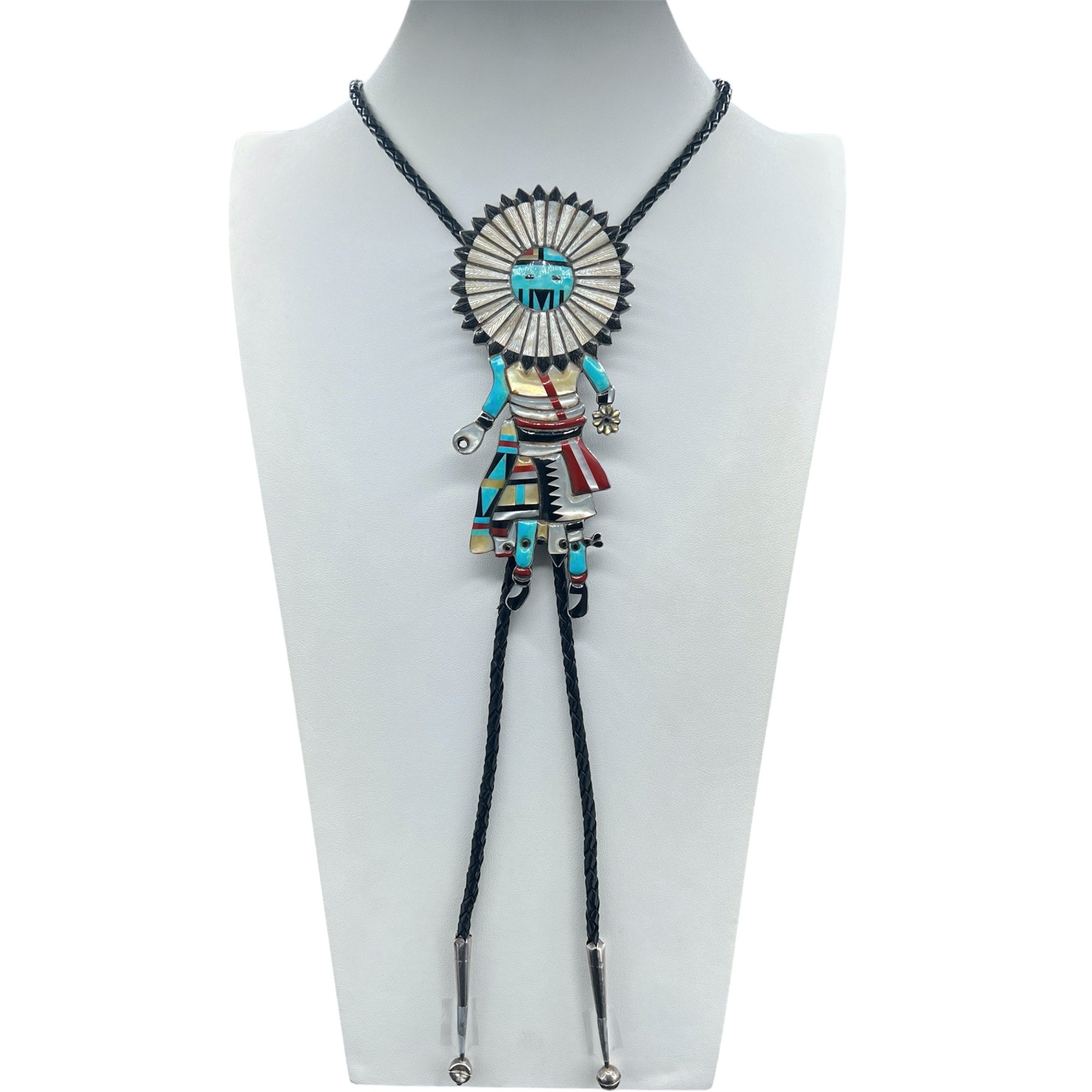 Vintage Zuni Dancing Kachina  Turquoise, Coral, Onyx, and Mother of Pearl Bolo Tie