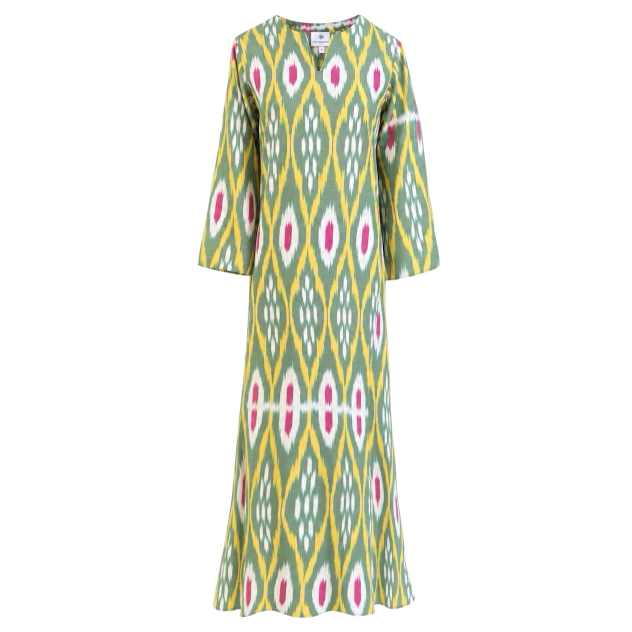 Qarshi Green and Pink Ikat Long Cotton Tunic Dress One of a Kind