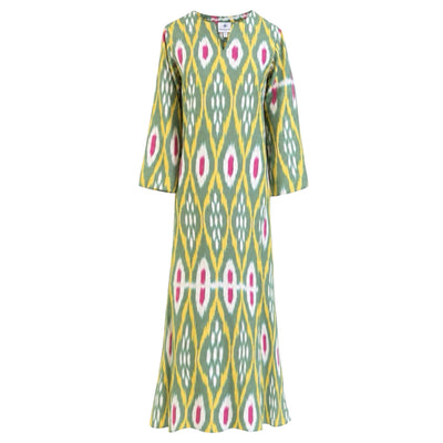 Qarshi Green and Pink Ikat Long Cotton Tunic Dress One of a Kind