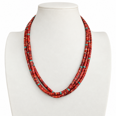 Exceptionally Rare Red Spiny Oyster and Heishi Shell Three Strand Necklace Santo Domingo