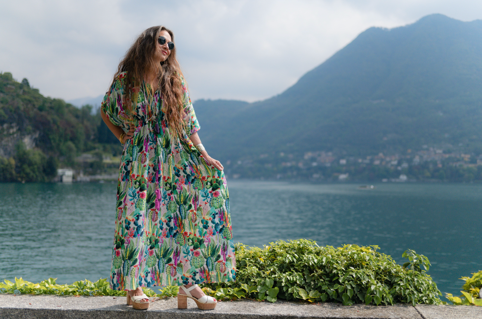 Primavera Cactus Italian Silk Maxi Kaftan Dress