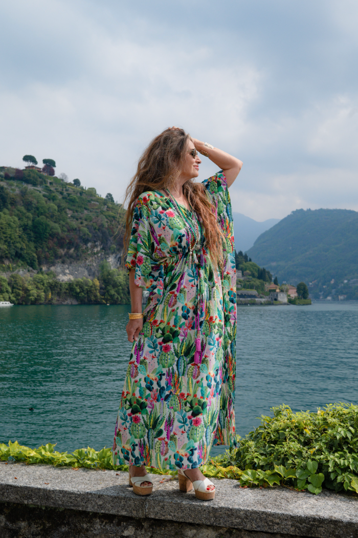 Primavera Cactus Italian Silk Maxi Kaftan Dress